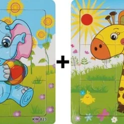 Aslan? 2 Houten Puzzels Van 9 Stukjes - Dieren: Olifant En Giraffe - Voor Kinderen Van 1-4 Jaar