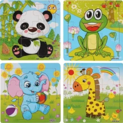 Aslan? 4 Houten Puzzels Van 9 Stukjes - Dieren: Panda, Kikker, Olifant En Giraffe - Voor Kinderen Van 1-4 Jaar