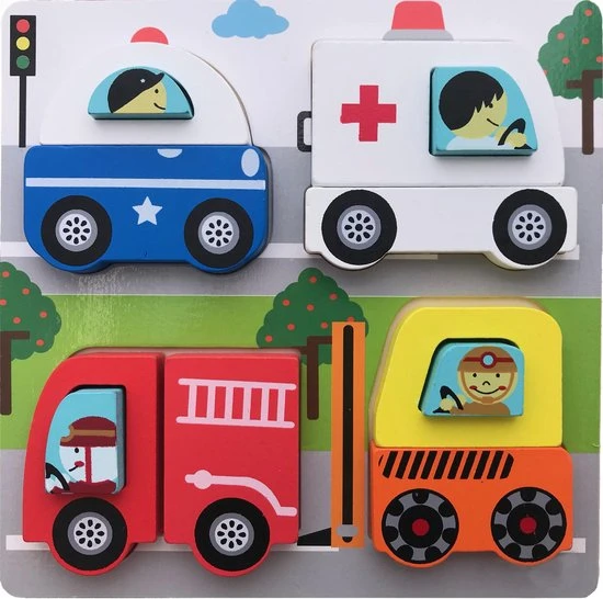 Pucts Houten Puzzel Voertuigen - Brandweer Politieauto En Ambulance 1 Pucts Houten Puzzel Voertuigen - Brandweer Politieauto En Ambulance
