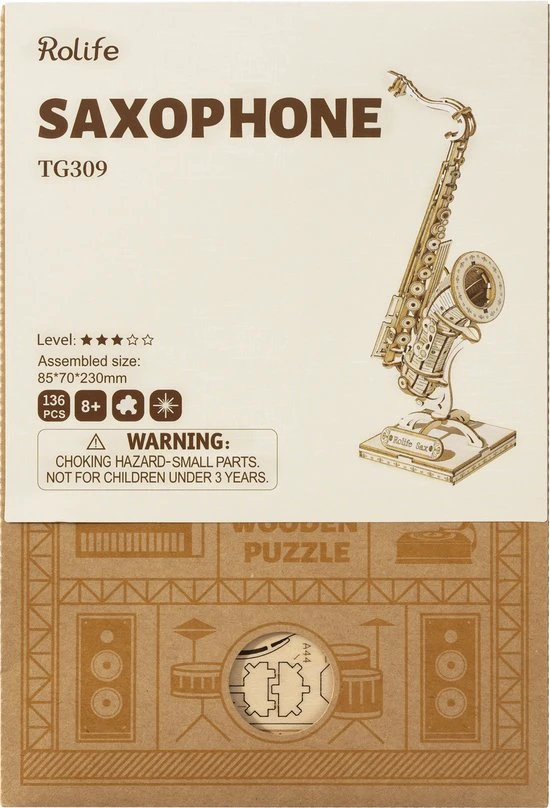 Robotime 3D Houten Puzzel Muziekinstrument Saxophone, TG309, 8,5x7x23cm - 6946785116793 4 Robotime 3D Houten Puzzel Muziekinstrument Saxophone, TG309, 8,5x7x23cm - 6946785116793 - Afbeelding 4